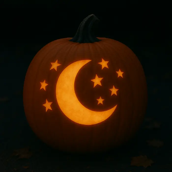 Celestial pumpkin carved with glowing moon and star patterns.