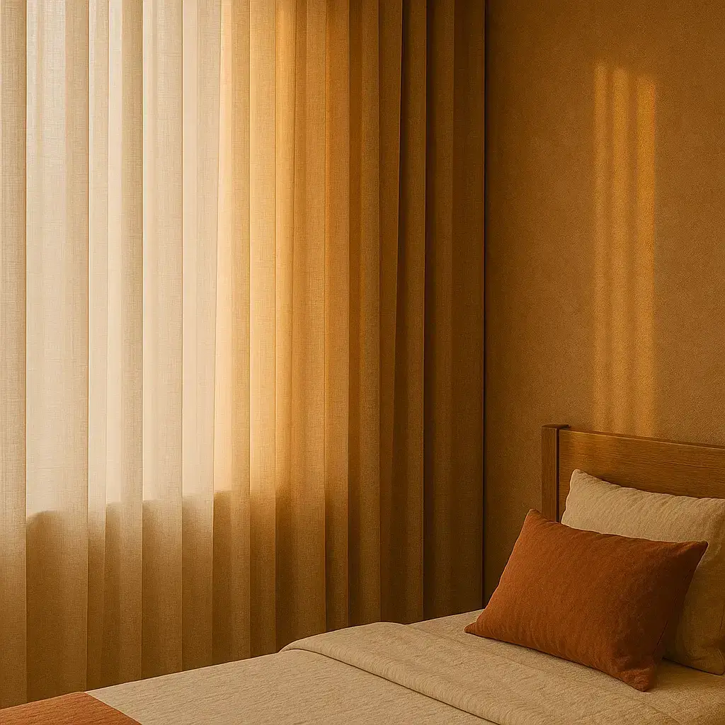Cozy bedroom with soft neutral drapes and filtered light.