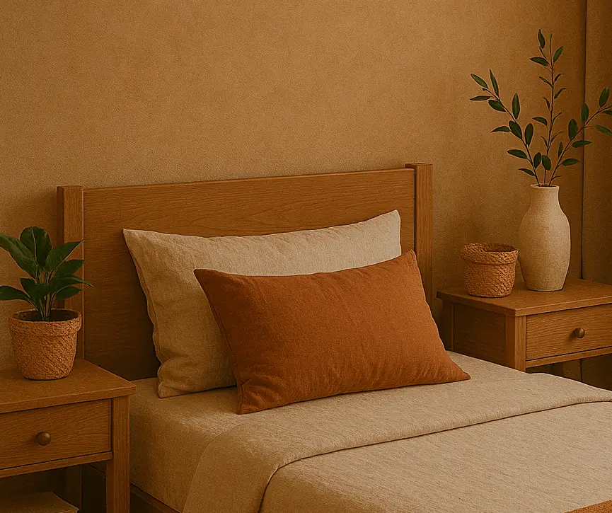 Cozy bedroom featuring natural wood furniture and greenery.