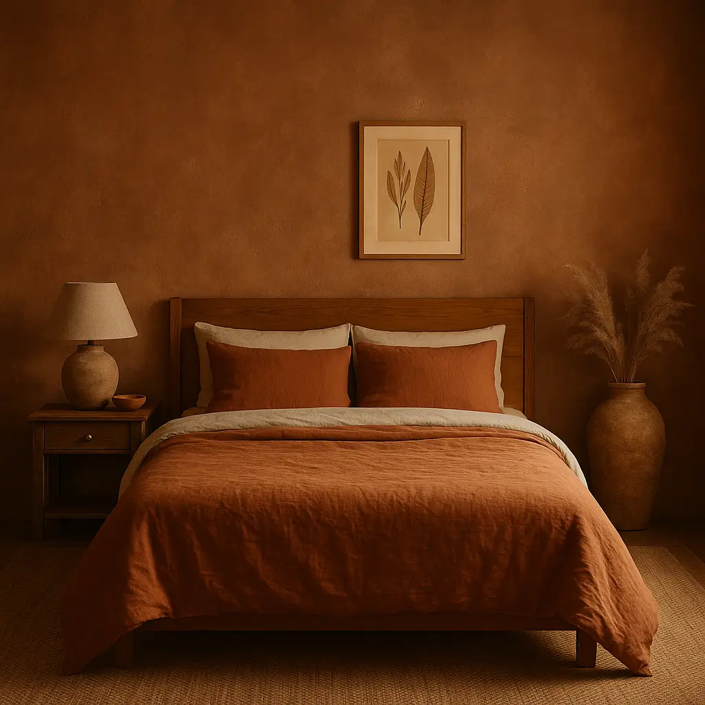 Earthy-colored bedroom with beige and terracotta palette.