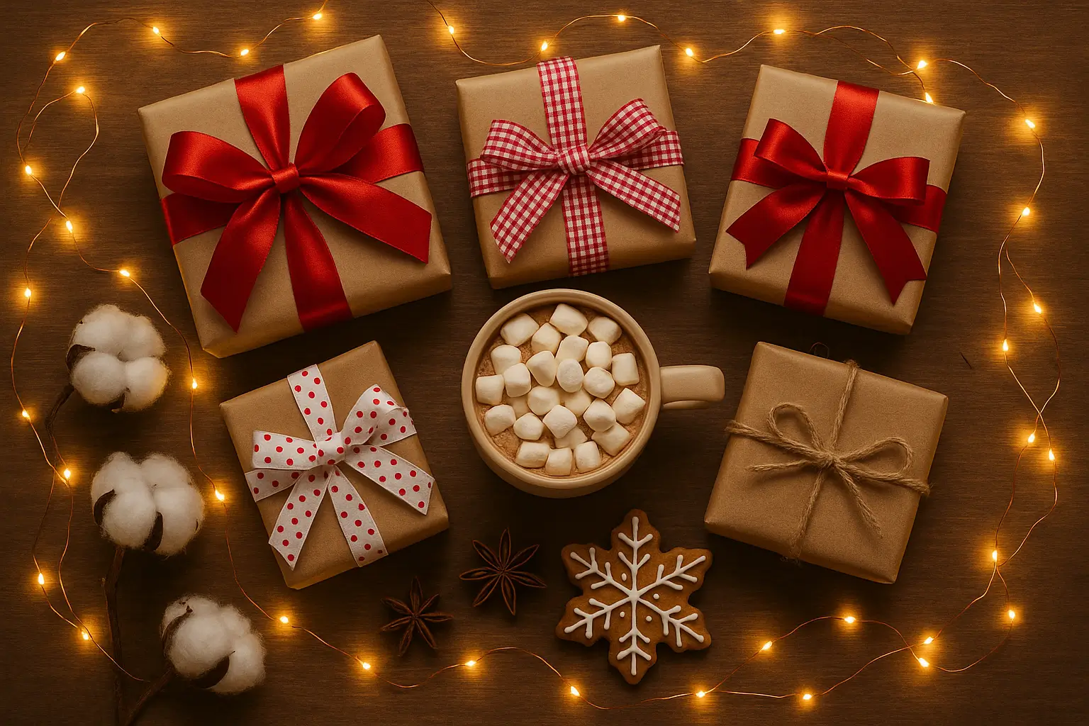 Festive flat lay of wrapped presents, hot cocoa, and fairy lights.