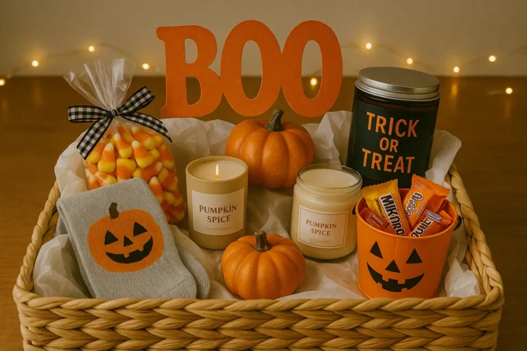 Halloween boo basket with candy, candles, and pumpkin-themed gifts.