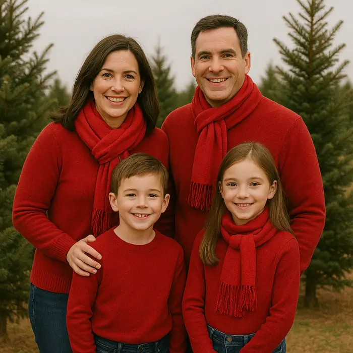 Christmas family outfits with red accents for festive photos.