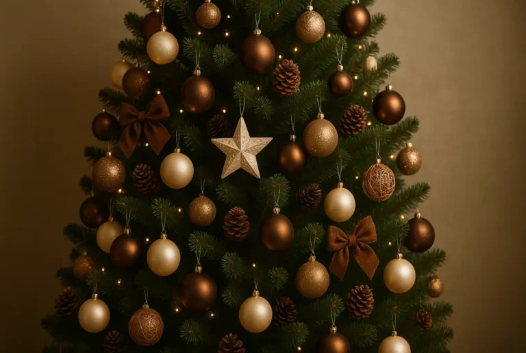 Brown and gold Christmas tree decorated with neutral ornaments and cozy lights.