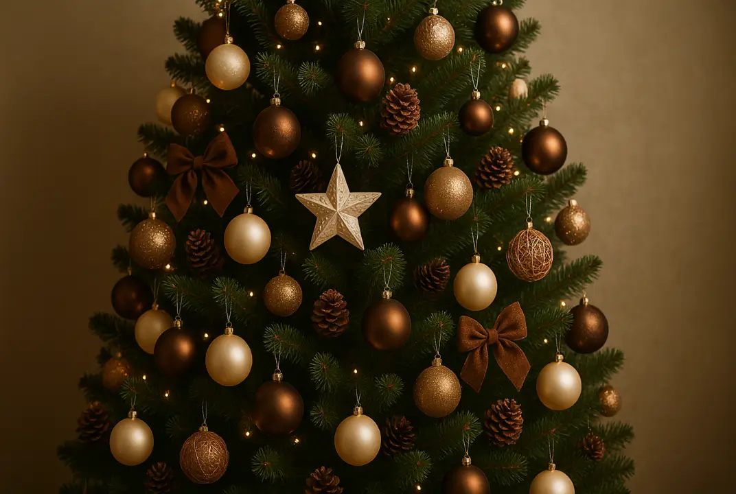 Brown and gold Christmas tree decorated with neutral ornaments and cozy lights.