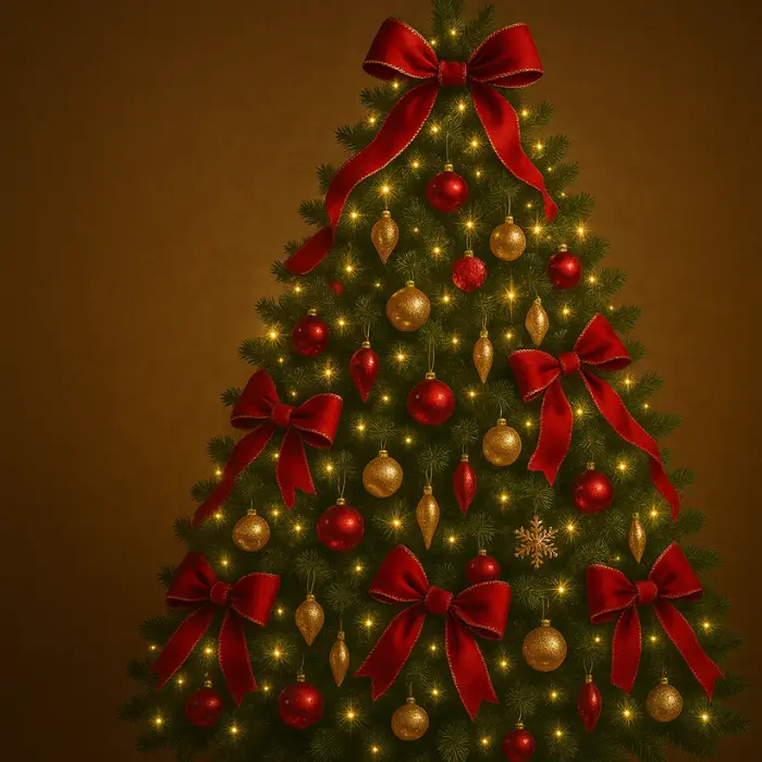 Classic red and gold Christmas tree with traditional ornaments.