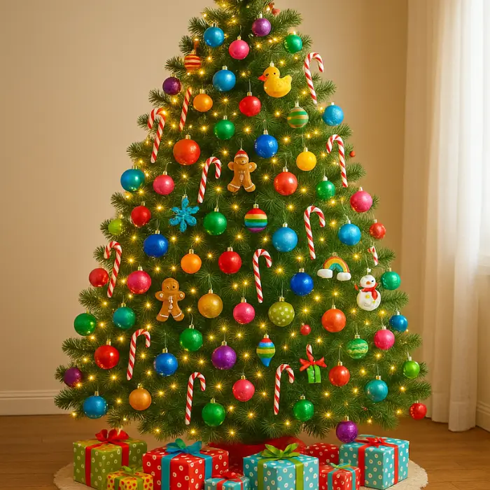 Fun and colorful kids’ Christmas tree with family decorations.