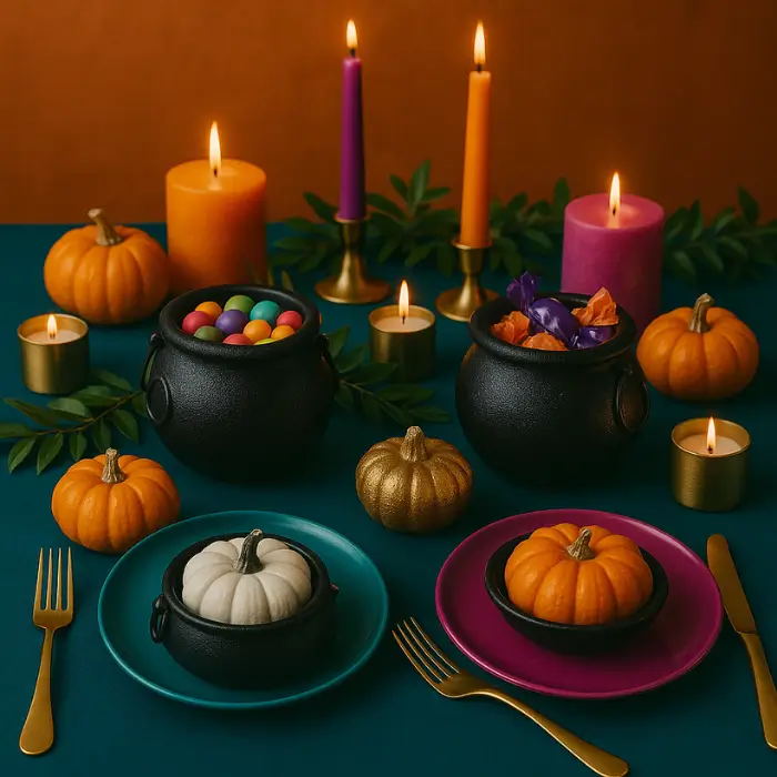 Colorful table with cauldrons, candles, and gold accents.