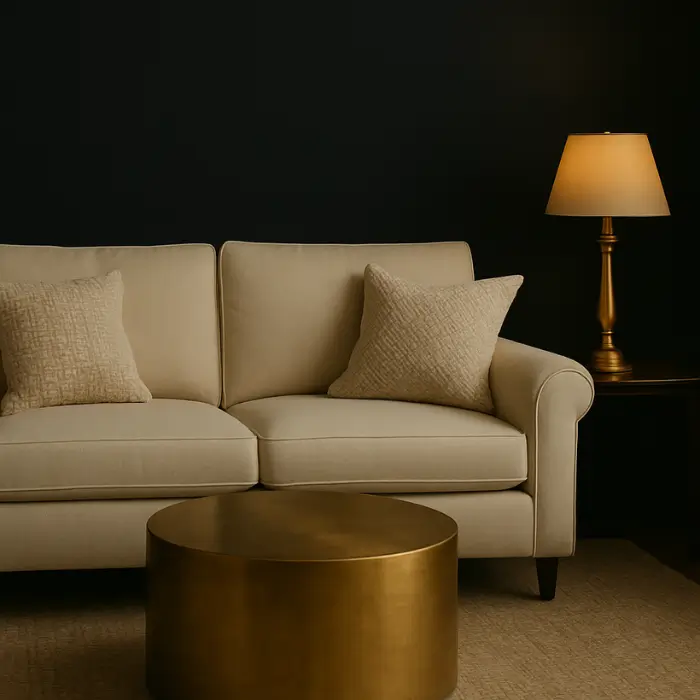 Contrasting light sofa and dark walls in moody interior.