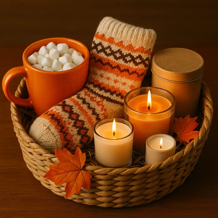 Cozy Halloween boo basket with autumn-inspired gifts and décor.