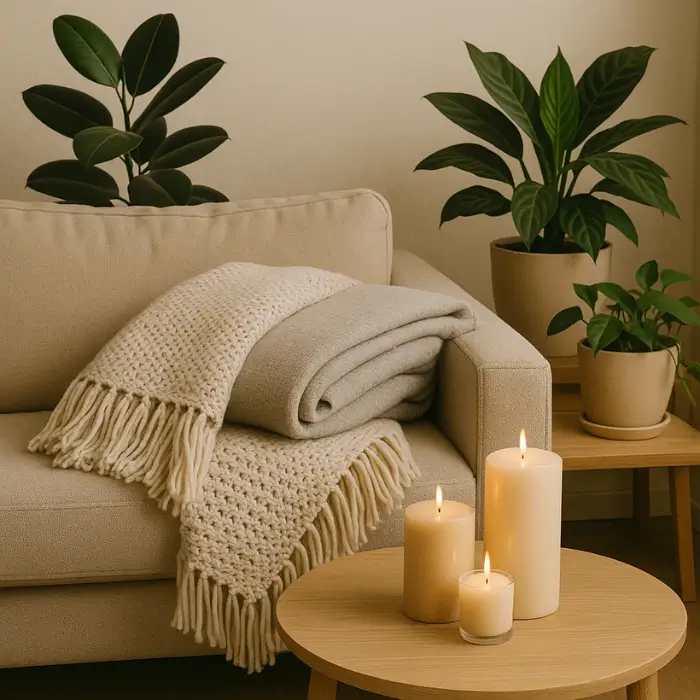 Cozy home décor birthday gift ideas with candles and plants.
