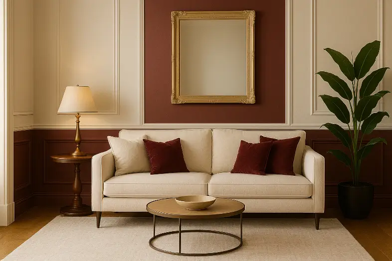 Balanced burgundy room with white and cream accents.