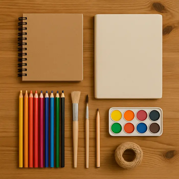 Creative hobby birthday gift ideas with art supplies and journals.