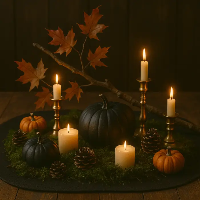 Creepy woodland Halloween table decorated with moss and candles.