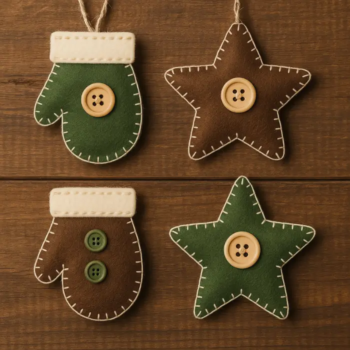 DIY felt Christmas ornaments decorated with buttons and stitching.