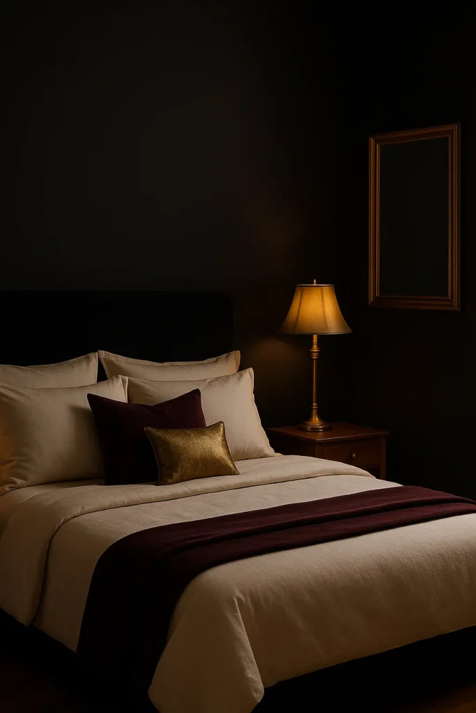 Bedroom with dark plum walls and gold accents for moody elegance.