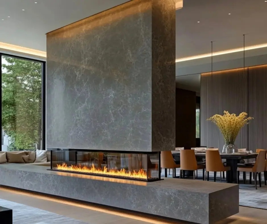 Modern dual-sided fireplace wall design with TV and elegant finishes.