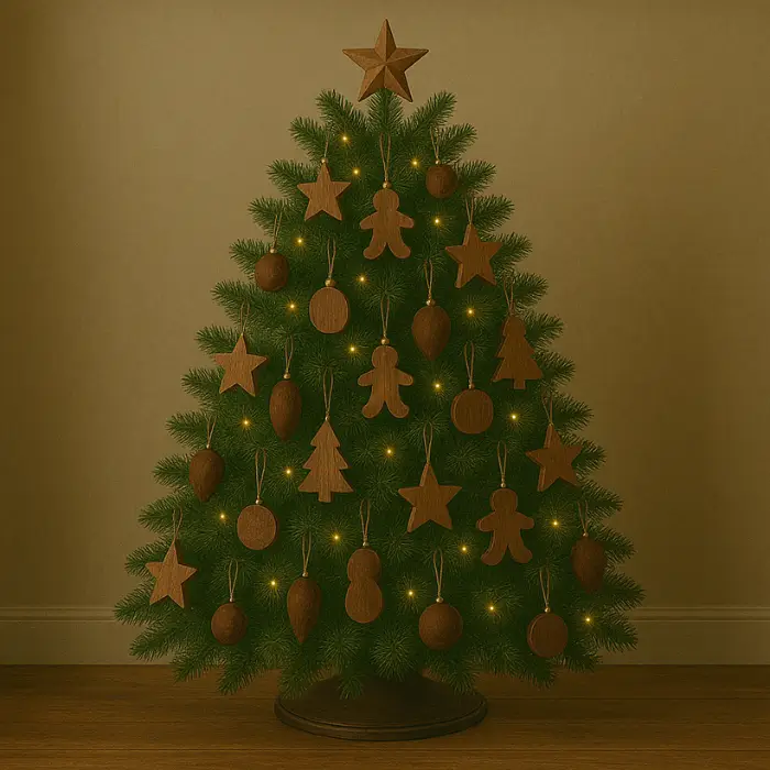 Earth-toned Christmas tree decorated with green and brown ornaments.
