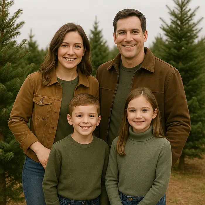Earth-toned family outfits for Christmas tree farm photo shoot.