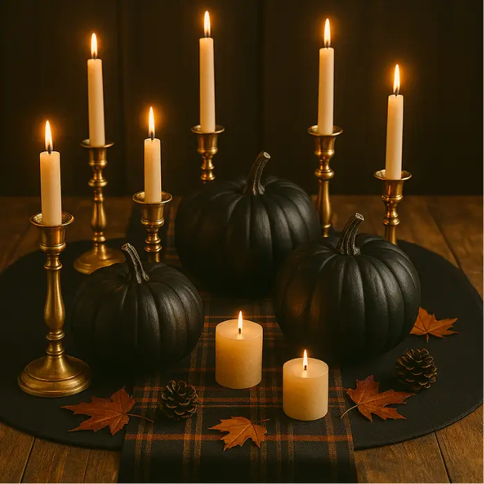 Elegant black pumpkin Halloween table setup with gold accents