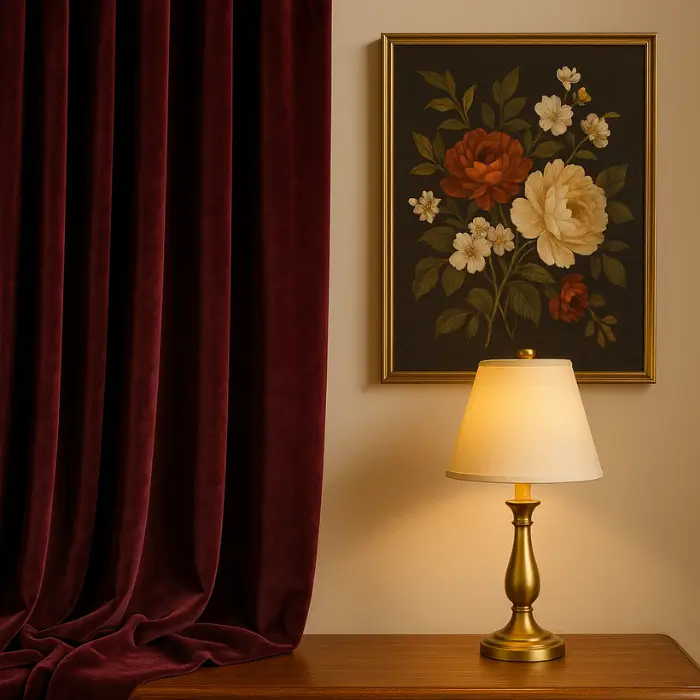 Elegant burgundy room accessories including curtains and gold décor.