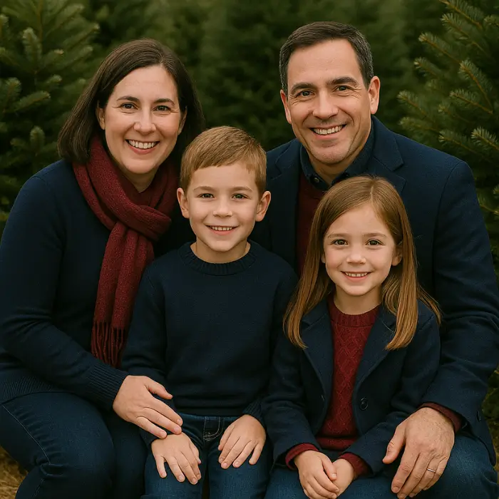 Elegant family outfits in navy and burgundy for Christmas tree farm photos.