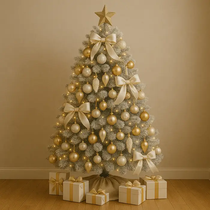 Elegant gold and white Christmas tree decorated for the holidays.