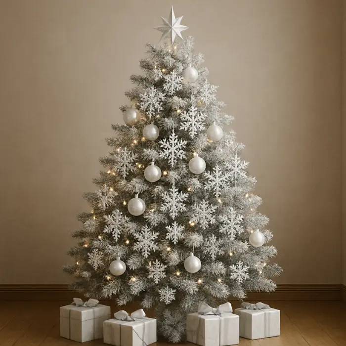 Elegant white and silver winter wonderland Christmas tree.