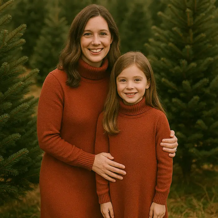 Elegant winter outfits with sweater dresses and boots for family photos.
