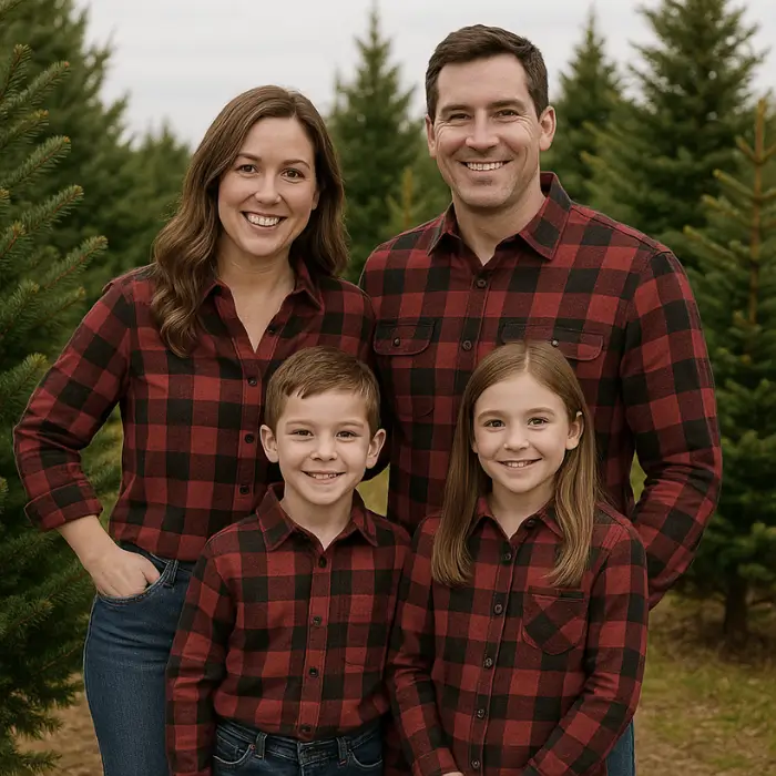 Family dressed in neutral cream tones for Christmas photos in a tree farm.