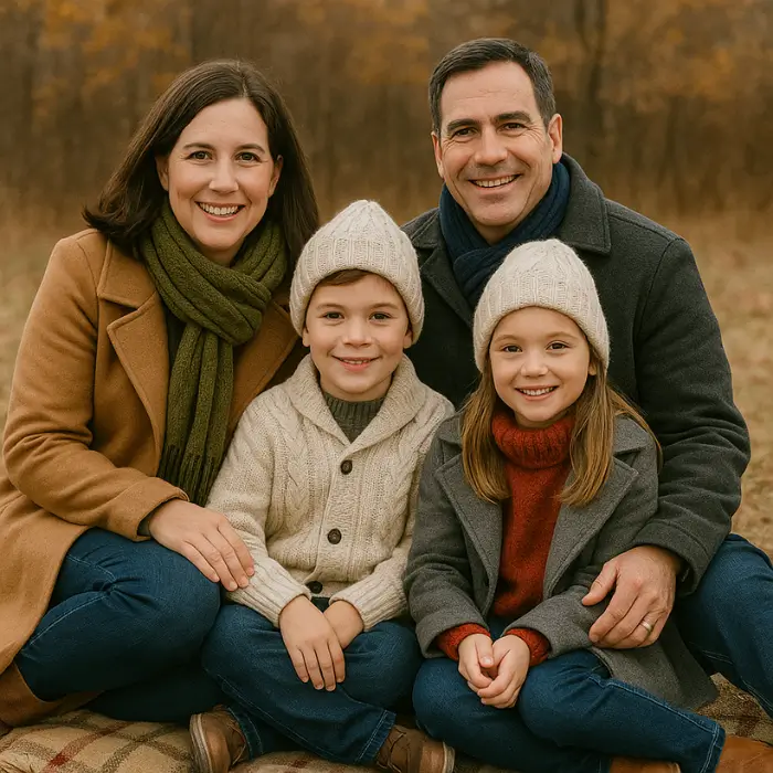 Family in cozy layered sweaters and scarves at Christmas tree farm.