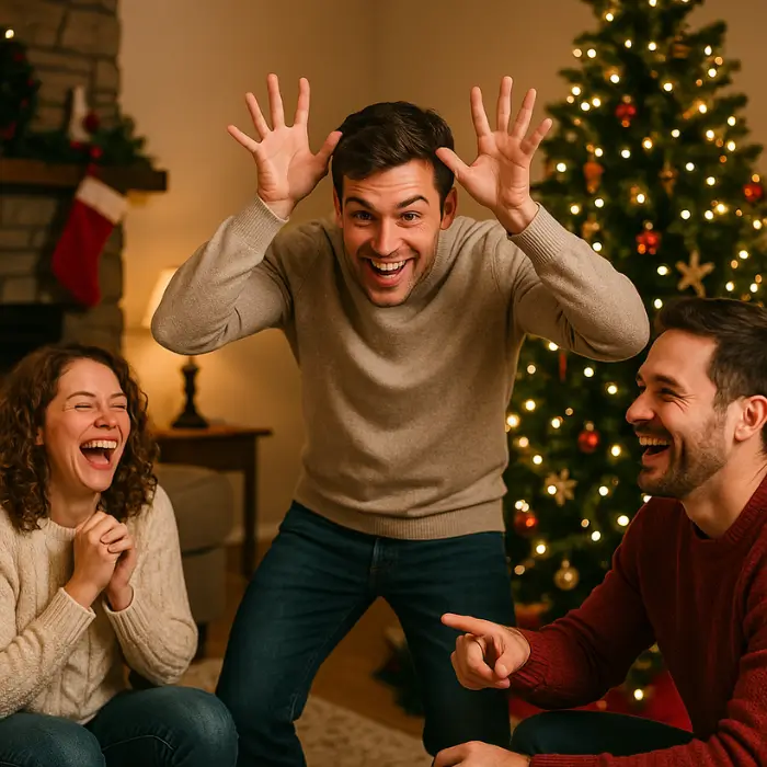 Family playing Christmas charades and laughing together.