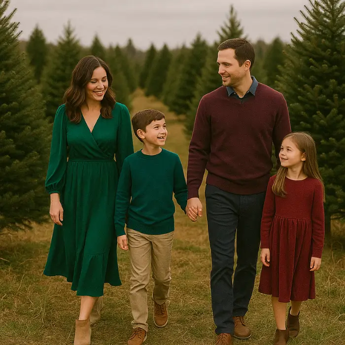 Family wearing emerald and burgundy winter outfits for photos