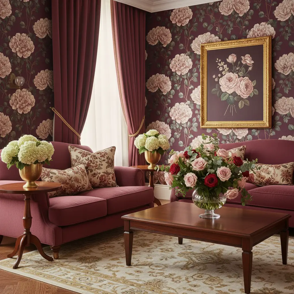 Burgundy interior with floral prints and botanical decorations.