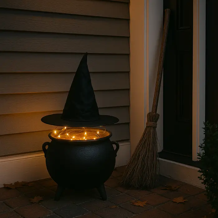 Halloween porch with glowing lantern pathway and spooky atmosphere