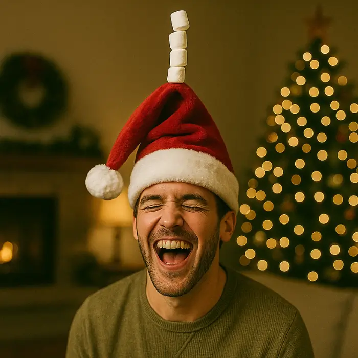 Funny Christmas game stacking candy on a Santa hat.