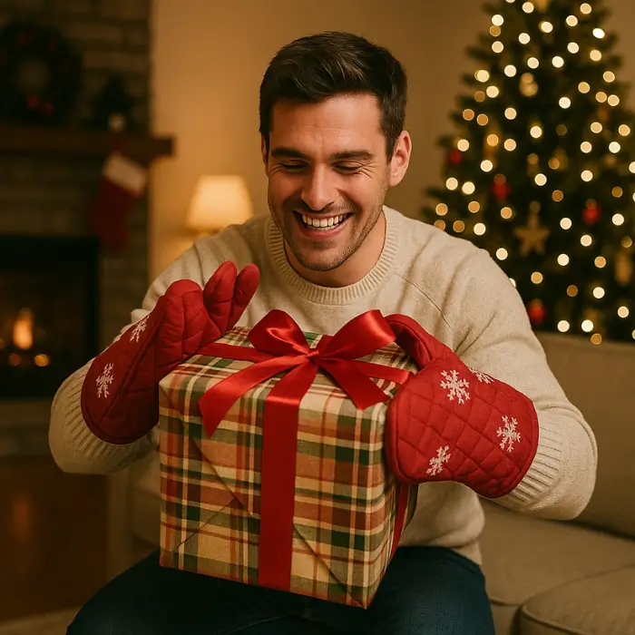 Funny Christmas game with a person unwrapping a gift wearing oven mitts.