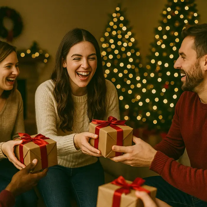 Funny Christmas gift exchange game with people laughing.