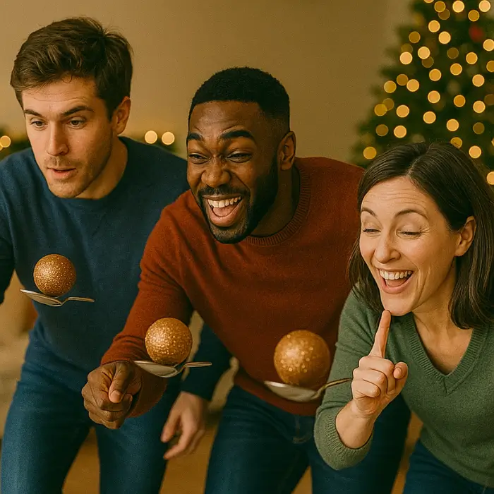 Funny Christmas ornament race game with people laughing.