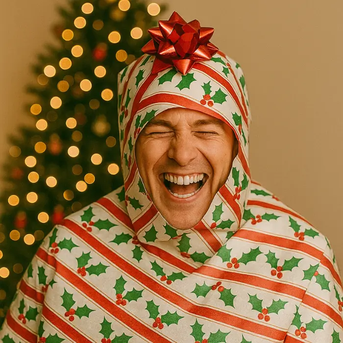 Funny Christmas wrapping challenge with players laughing.