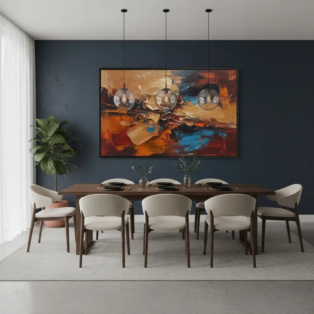  Modern abstract artwork adding colour and movement to dining room décor.