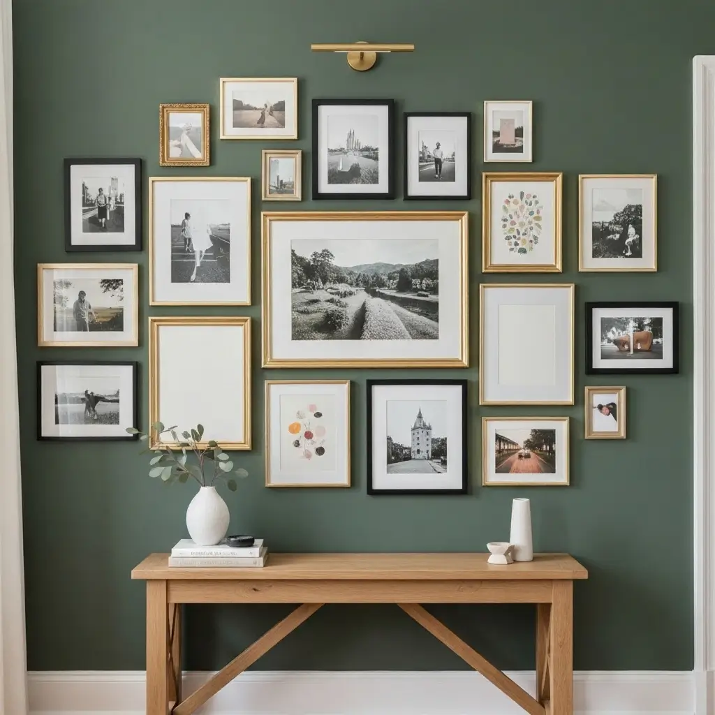Gallery wall of framed art and photos above dining table.