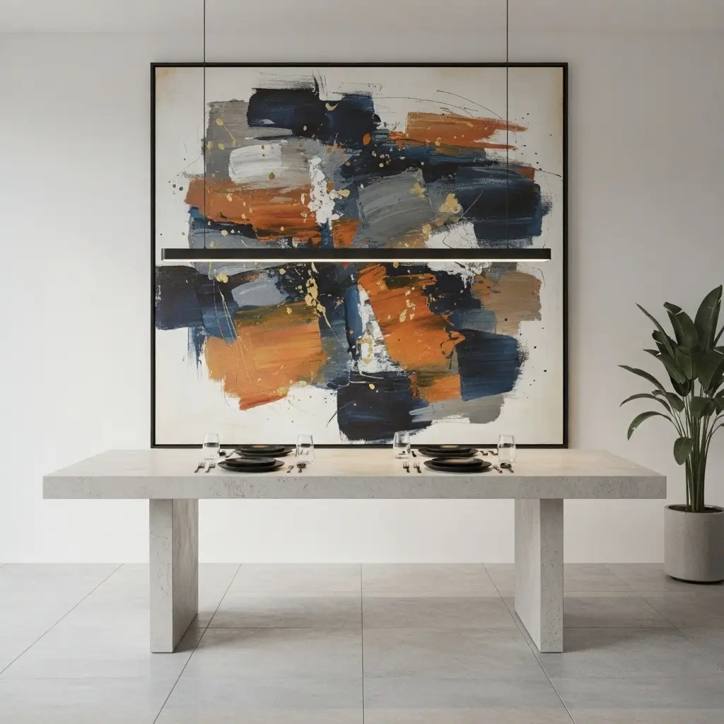 Large statement artwork serving as focal décor in dining room.