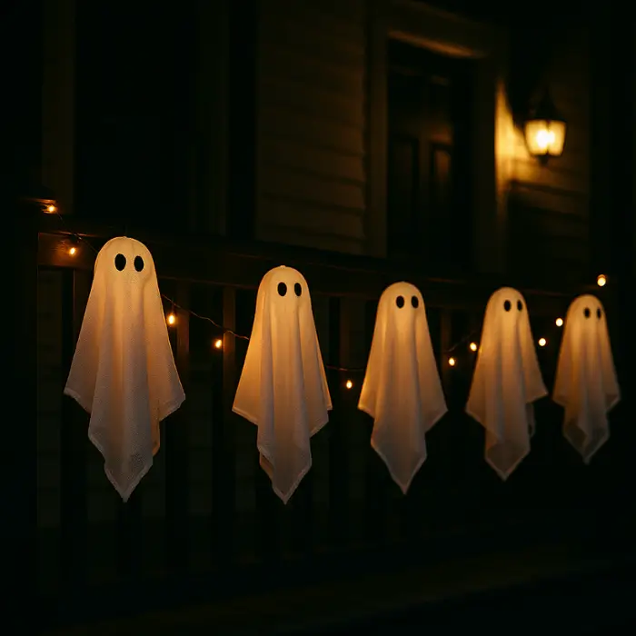 Porch decorated with glowing ghost garland and festive lights