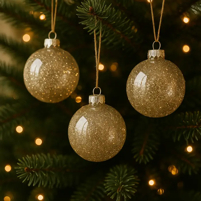 Glittery handmade Christmas ornaments shining under holiday lights.