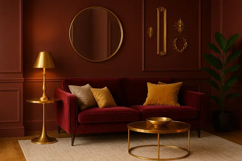 Burgundy room with gold décor and brass lighting accents.