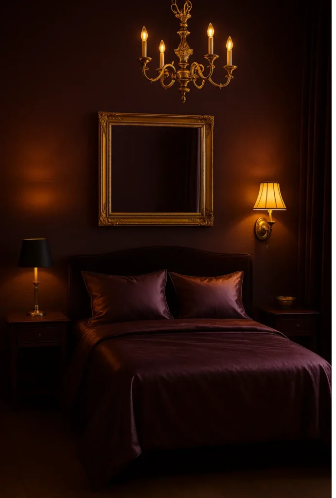 Gold décor accents in a moody, dark, feminine bedroom.