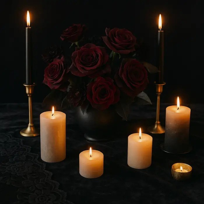 Gothic Halloween table with dark florals and gold candleholders.