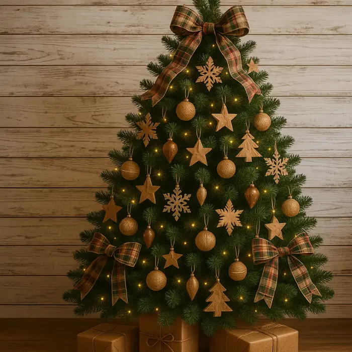 Green and brown natural Christmas tree with cozy rustic décor.