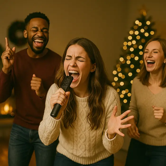 Group playing a Christmas lip sync battle game in festive outfits.